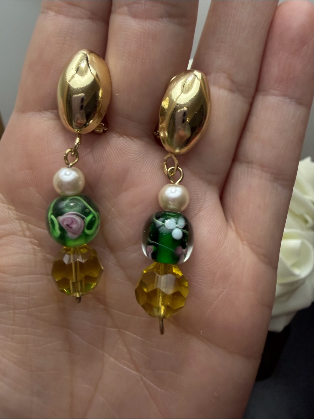 Gold Clip-On Earrings with Green Floral Glass Beads and Yellow Crystal Drops